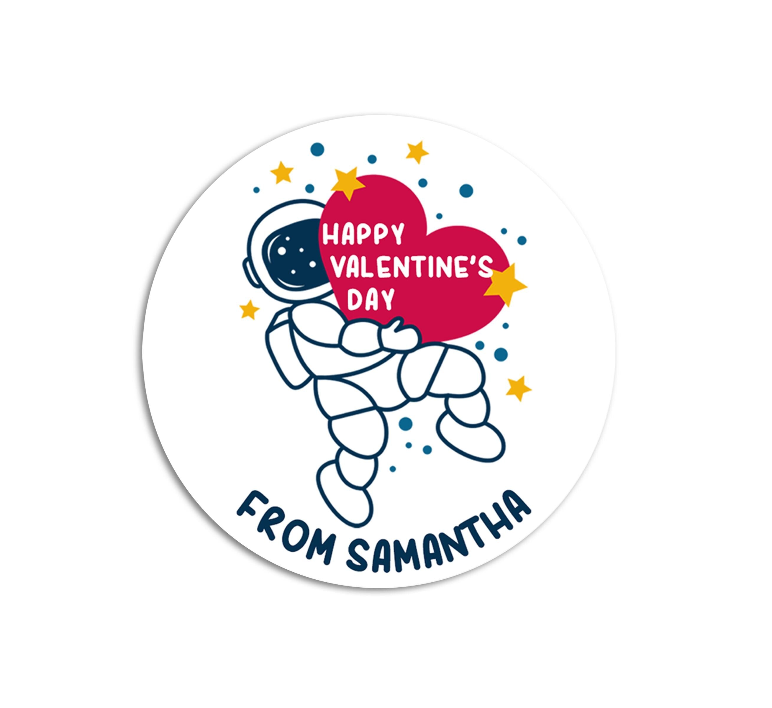 Astronaut Outer Space Valentines Day Stickers - Personalized Valentine Round Sticker Labels - Classroom Valentines for School