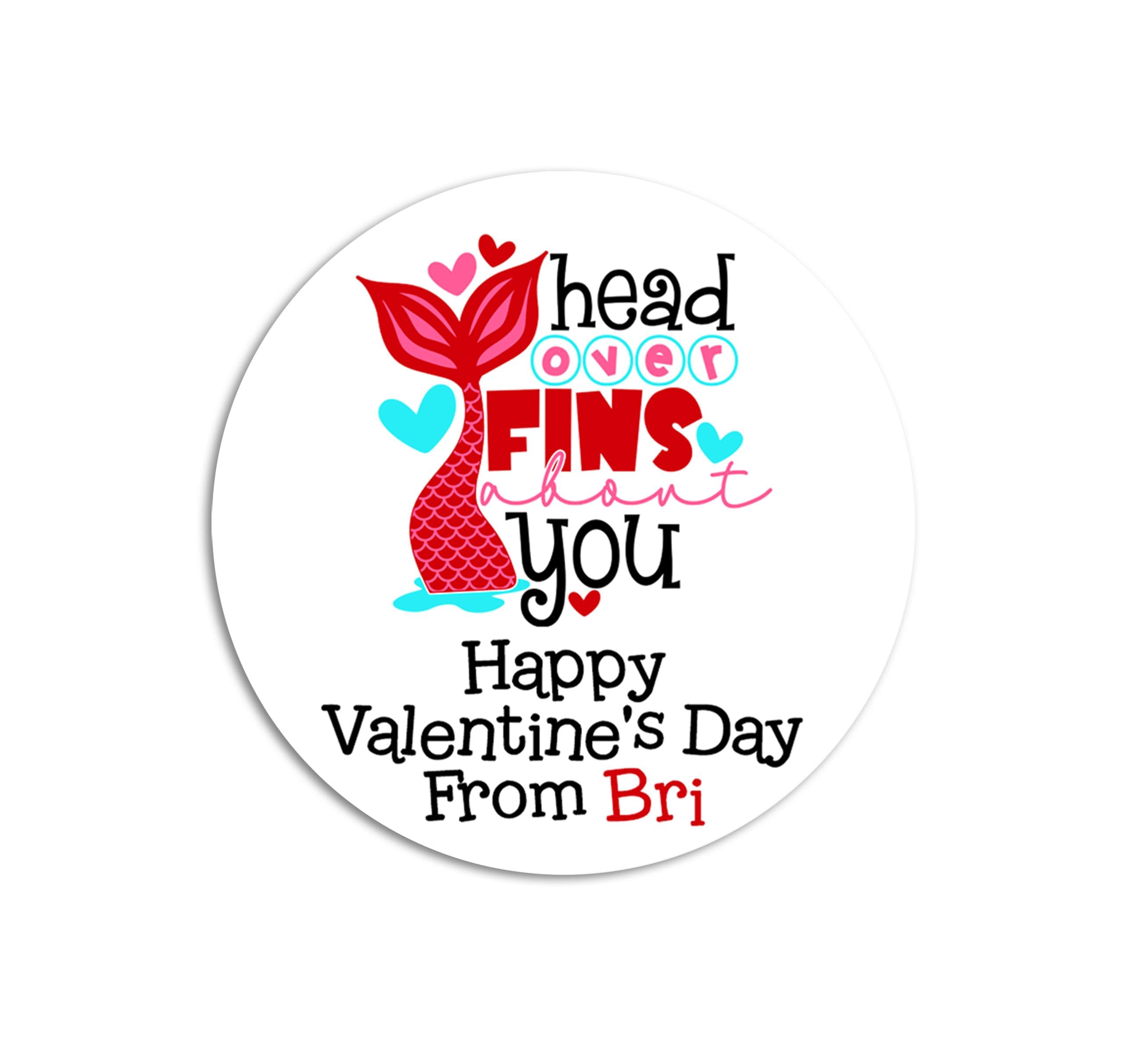 Head Over Fin About You Valentines - Personalized Valentine Round Sticker Labels - Classroom Valentines for School