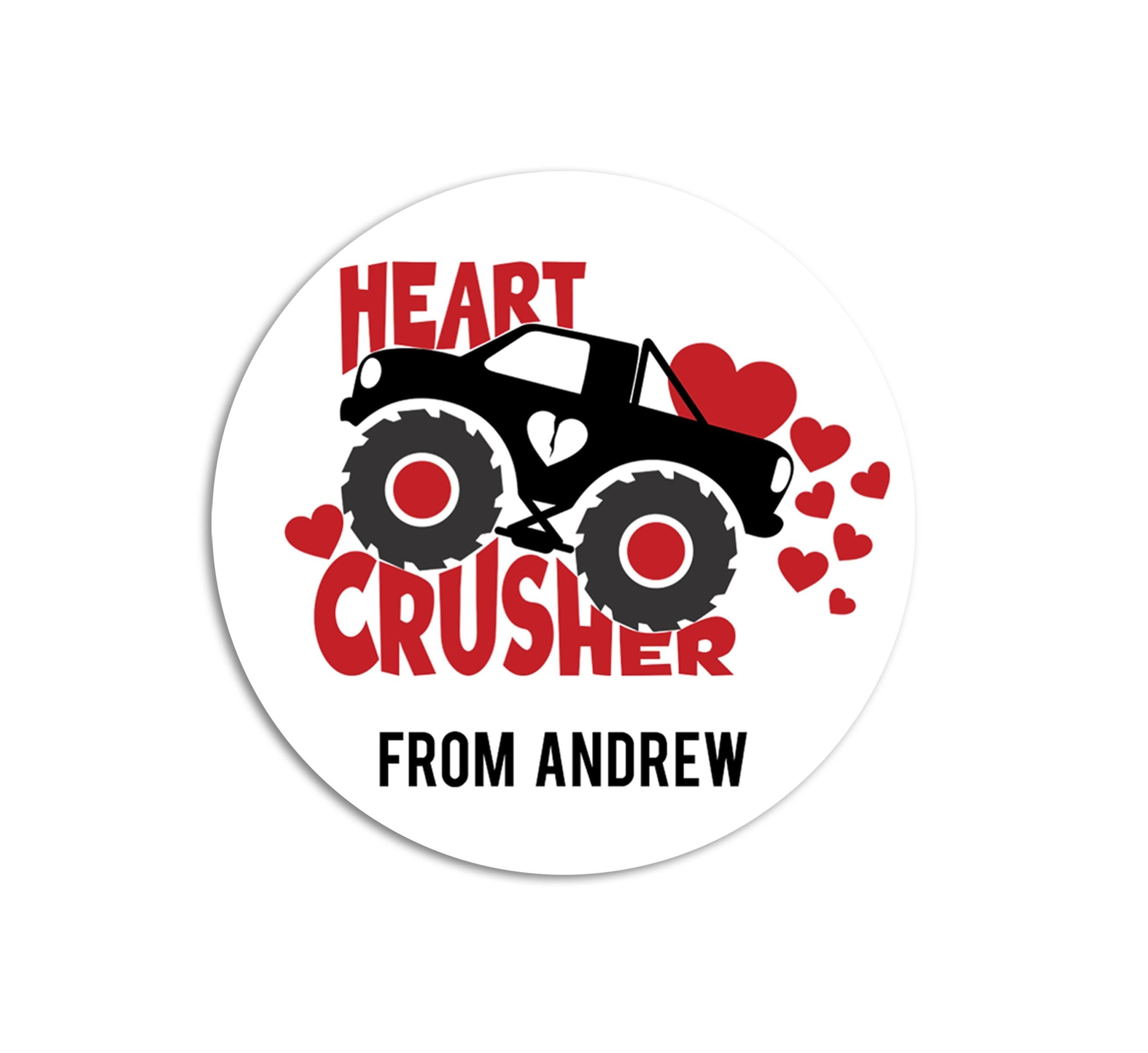 Heart Crusher Truck Valentine's Day Stickers - Personalized Valentine Round Sticker Labels - Classroom Valentines for School