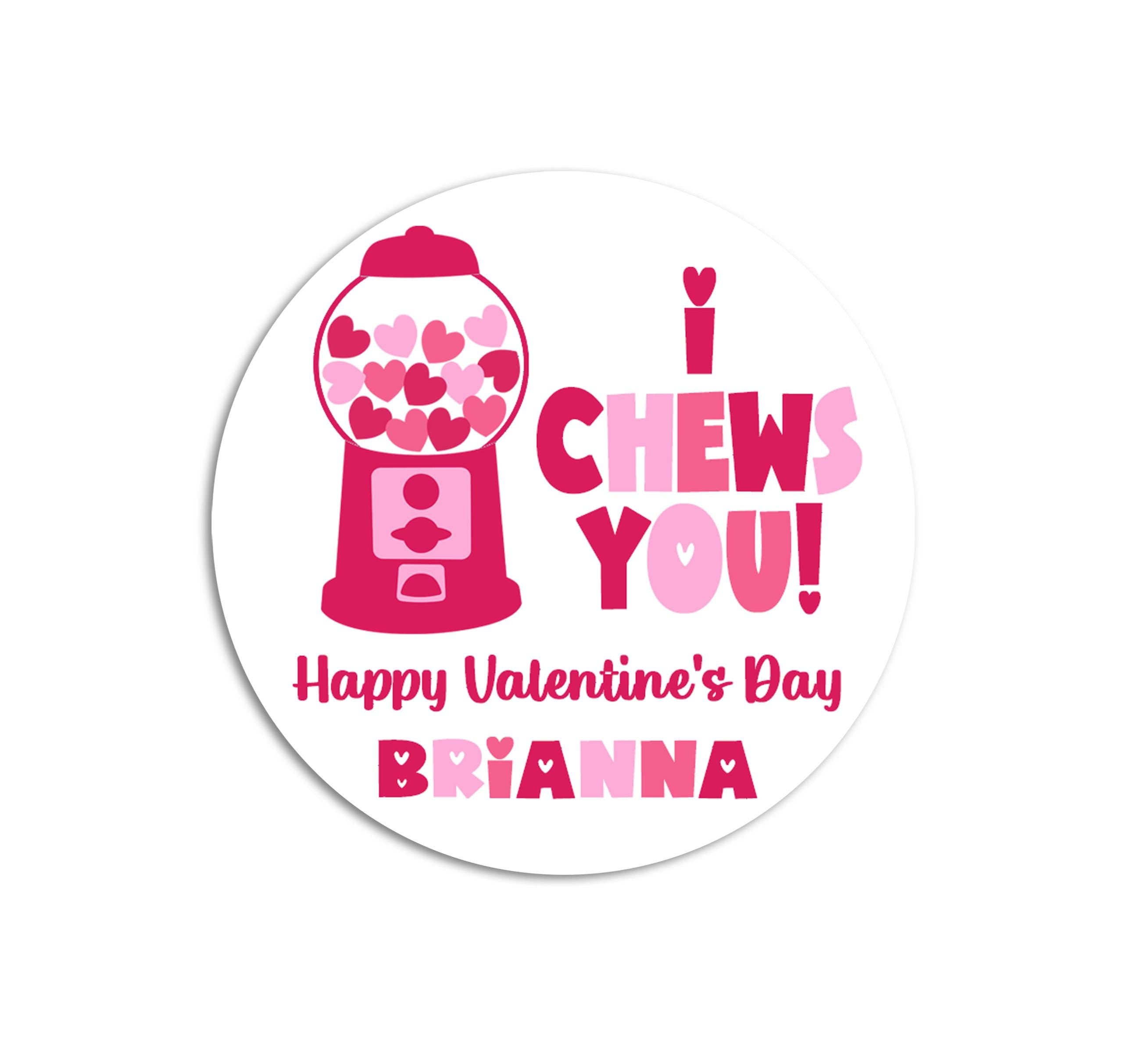 Bubble Gum Valentines Day Stickers - Personalized I chews You Valentine Round Sticker Labels - Classroom Valentines for School