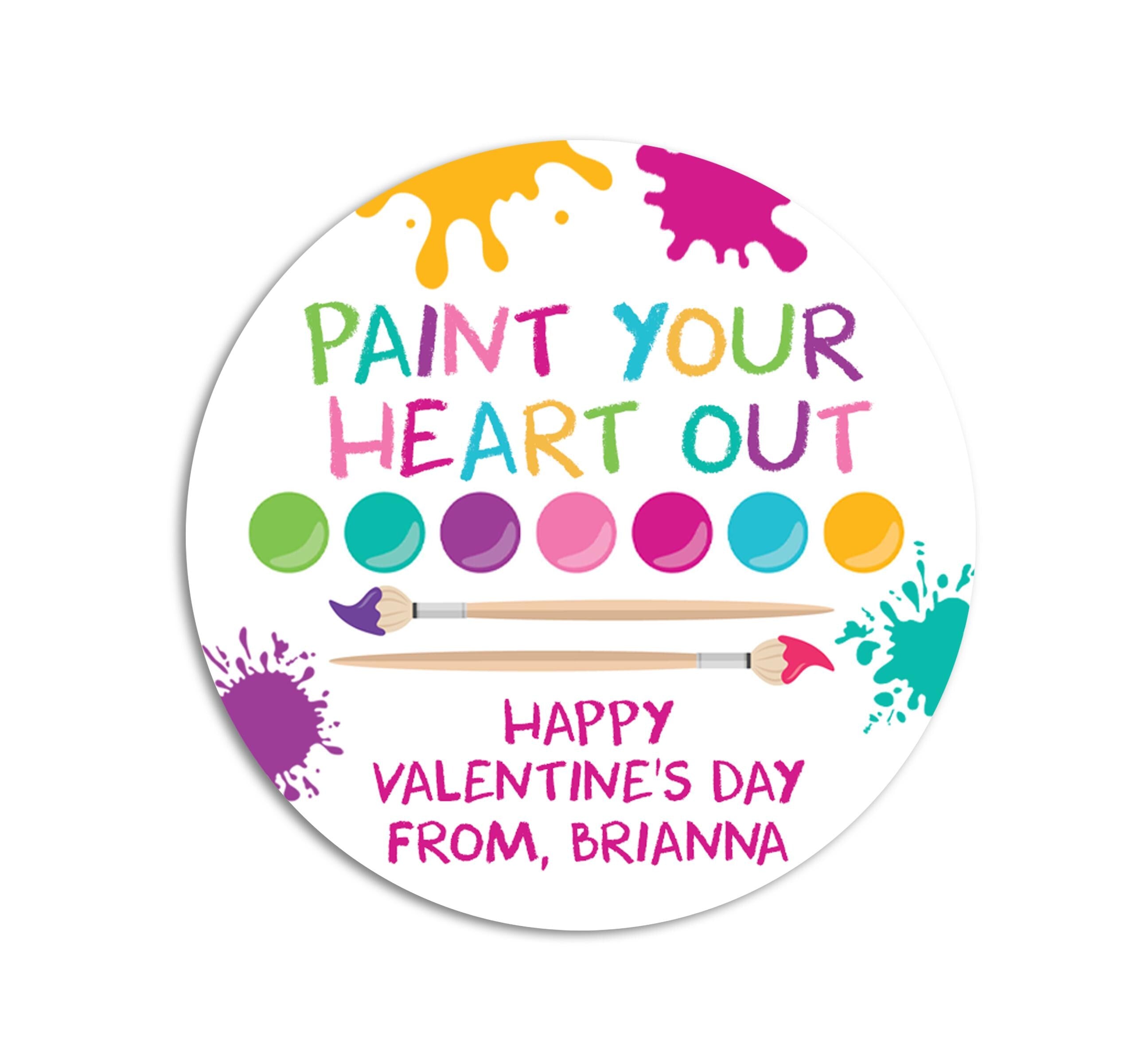 Painting Valentine Stickers, Paint Your Heart Out Classroom Valentine, Personalized Kids Color DIY Label