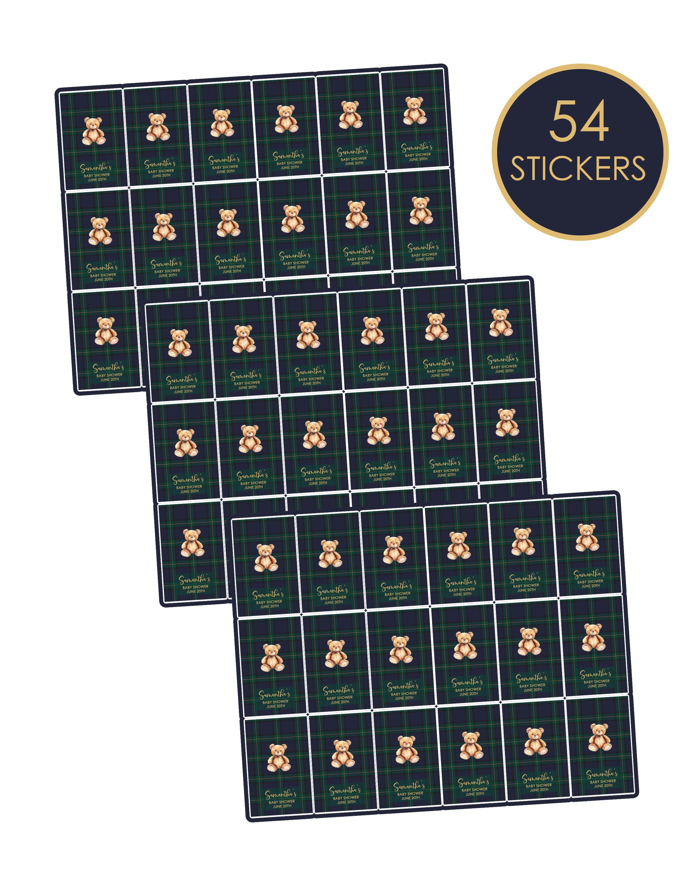 Teddy Bear Mini Chocolate Bar Stickers, Green Blue Plaid Miniature Candy Bar Labels - 54 Ct