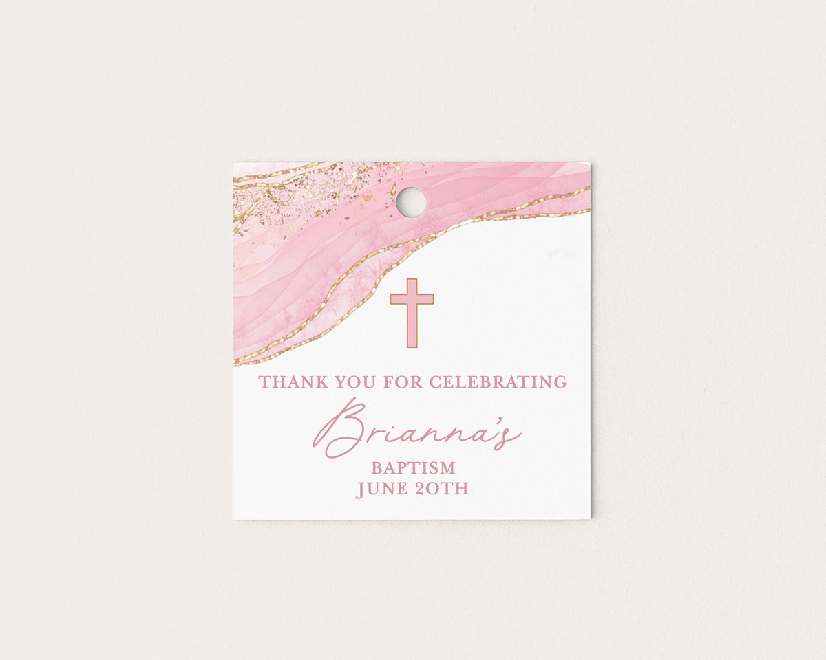 Cross Pink & Gold Baptism Tags, Girl Communion Tags, Religious Thank You for Celebrating