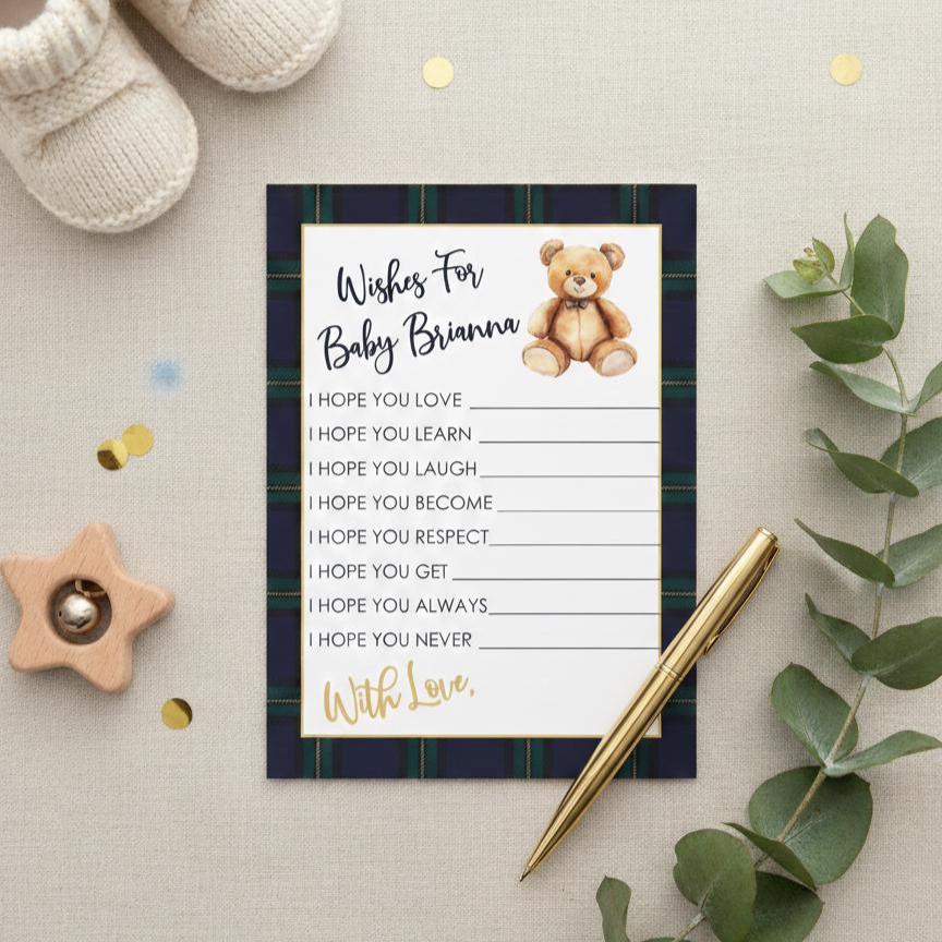 Teddy Bear Baby Shower Advice for New Parents Card, Preppy Tartan Plaid Wishes for Baby