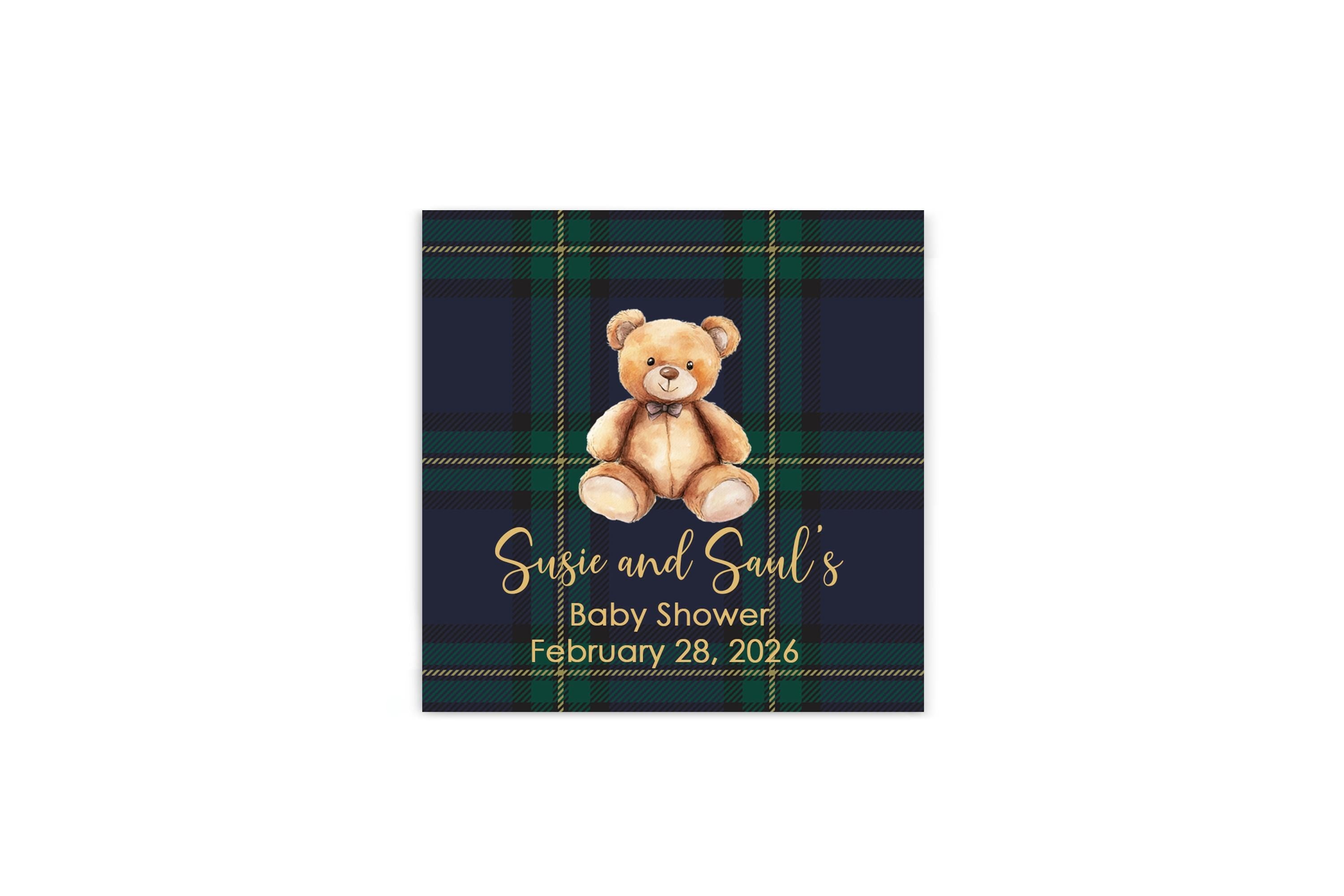 Teddy Bear Baby Shower Square Stickers, Blue Green Plaid Labels, Thank You Preppy Favors
