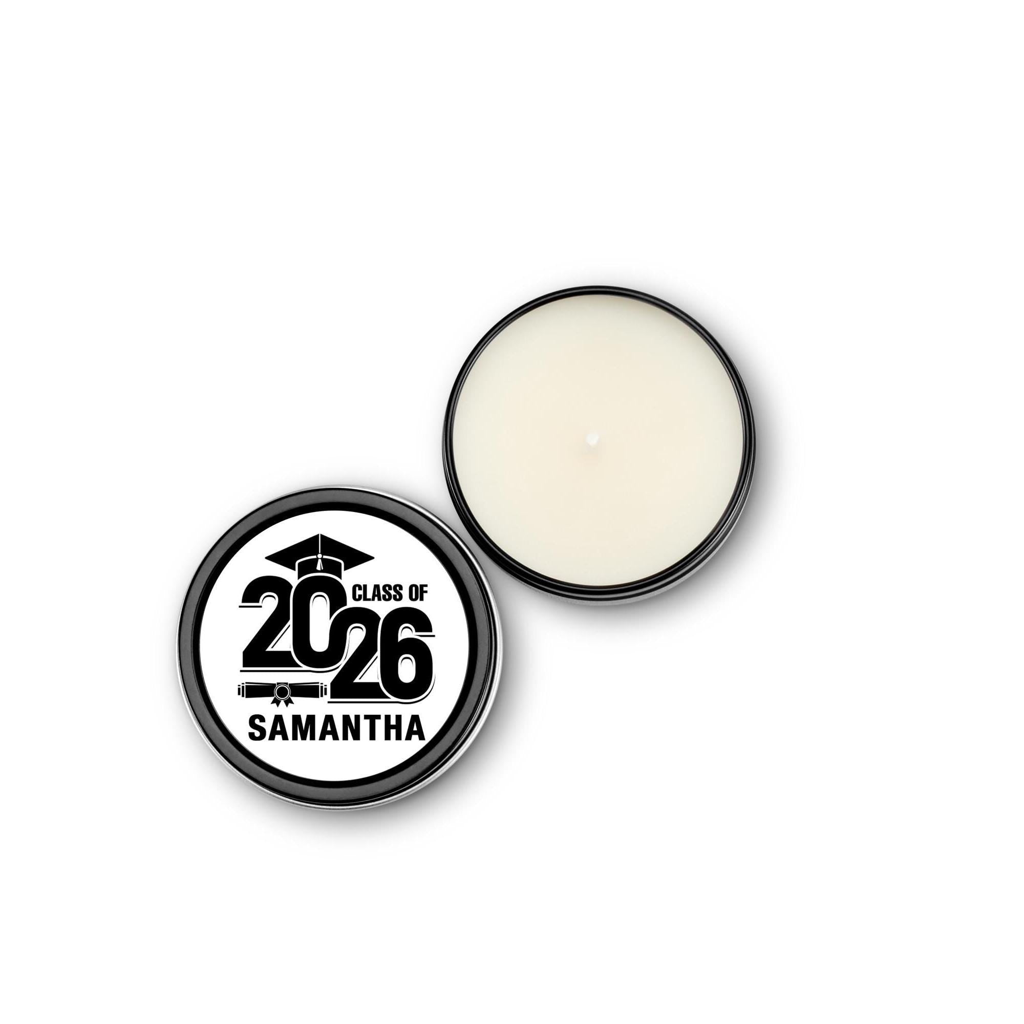 Graduation Candle Favors, Grad Bulk Party Favors, Class of 2026 Black Candle Tin