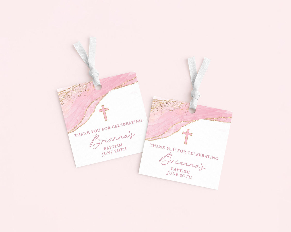 Cross Pink & Gold Baptism Tags, Girl Communion Tags, Religious Thank You for Celebrating