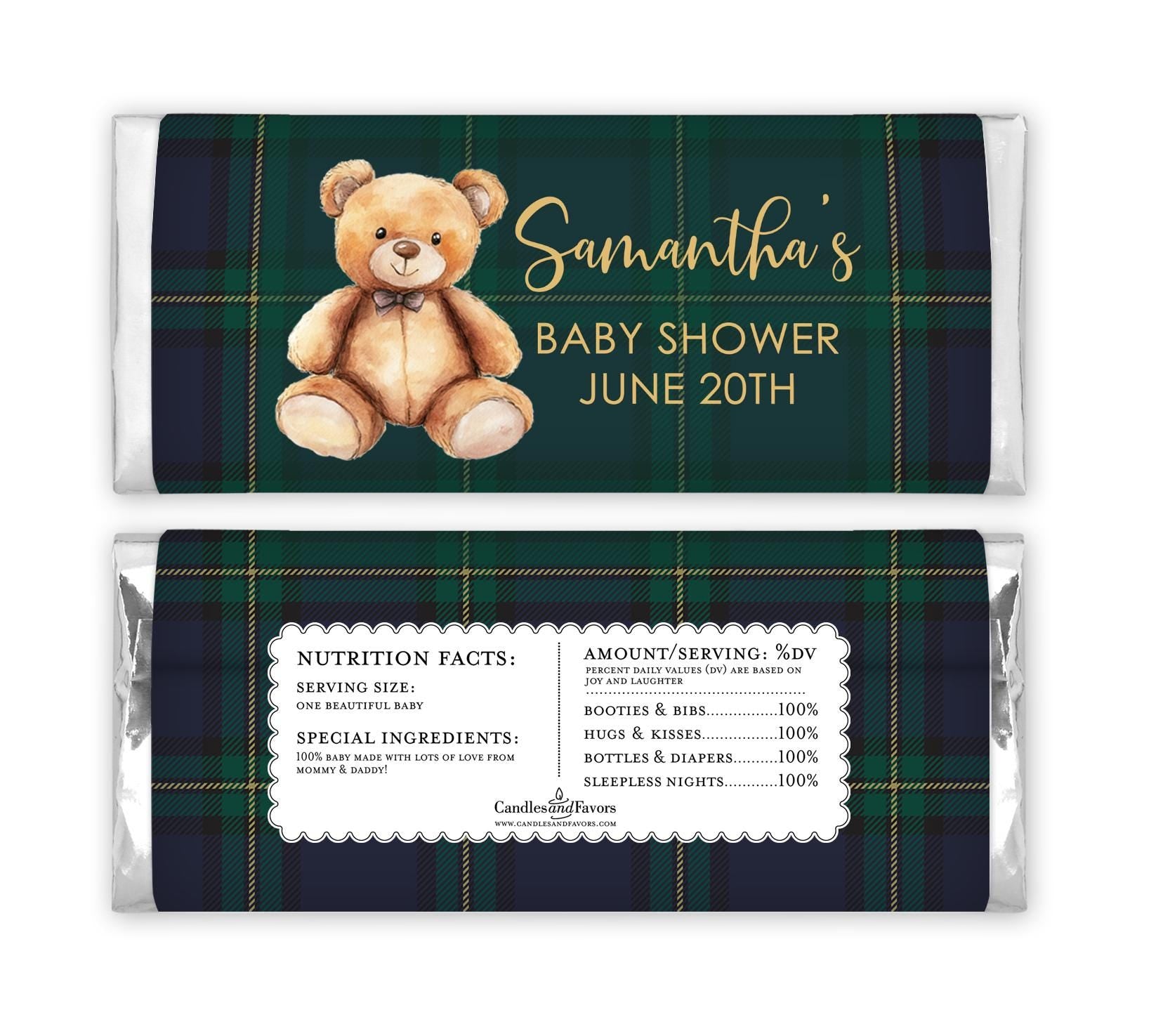 Teddy Bear Baby Shower Invitation, Blue Green Plaid Invite, Preppy Bear Printed or PDF