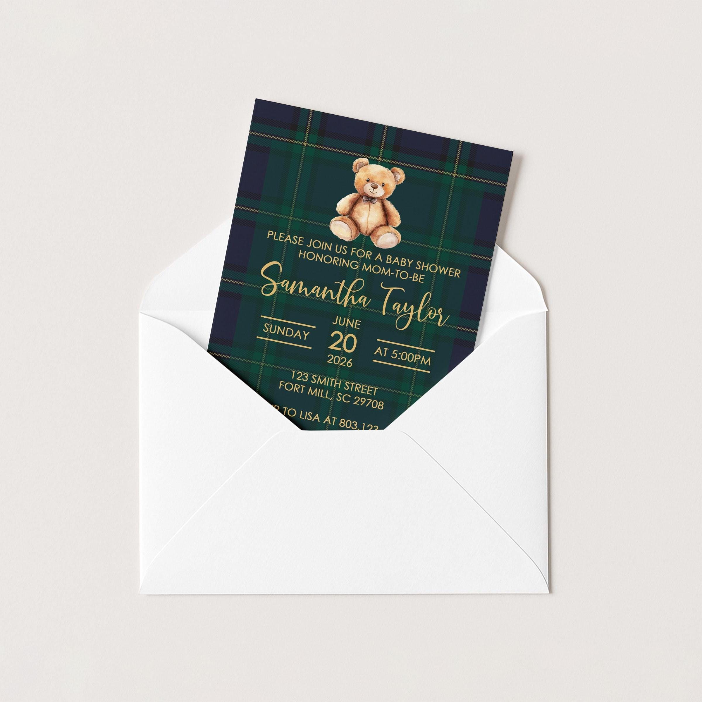 Teddy Bear Baby Shower Invitation, Blue Green Plaid Invite, Preppy Bear Printed or PDF