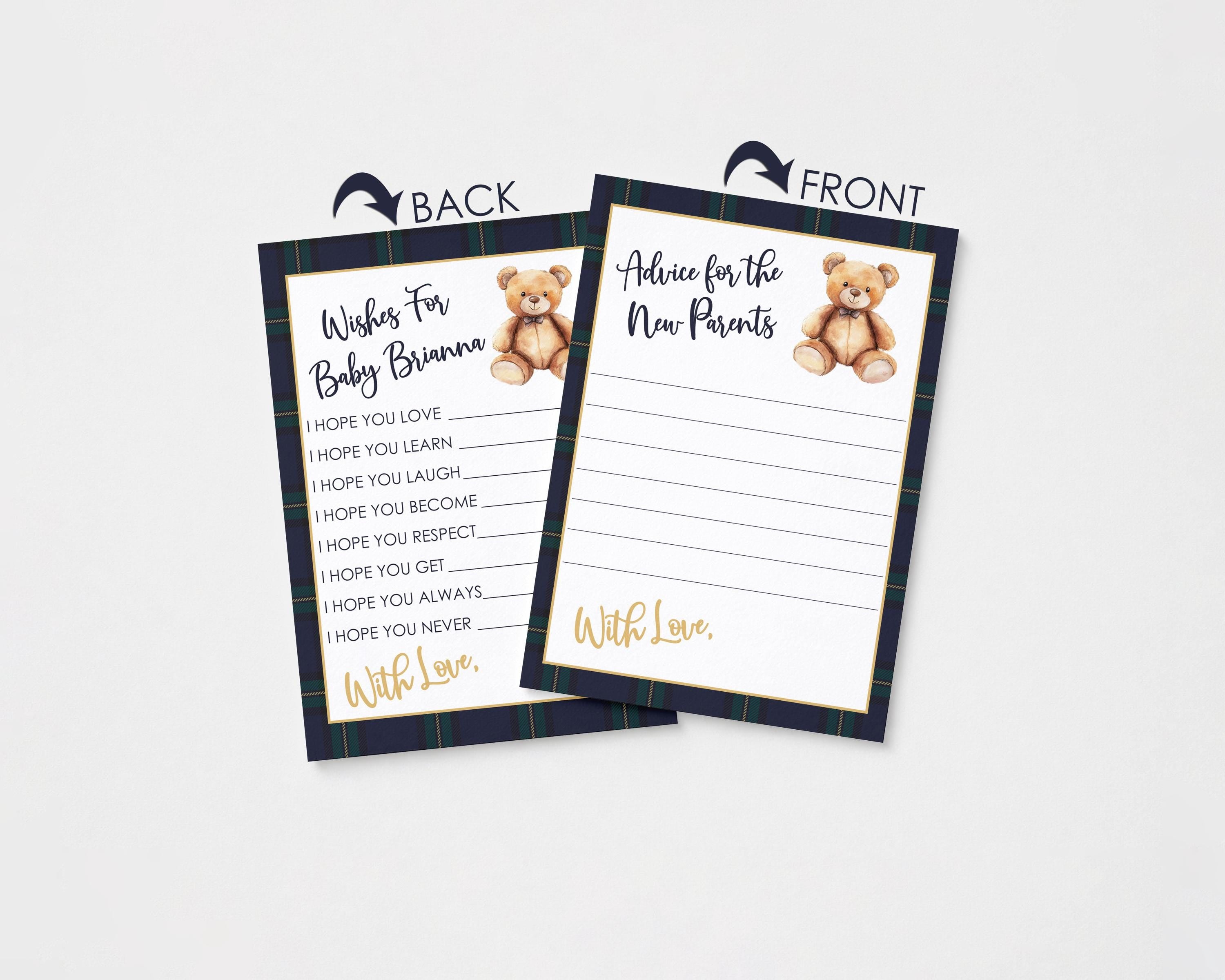 Teddy Bear Baby Shower Advice for New Parents Card, Preppy Tartan Plaid Wishes for Baby