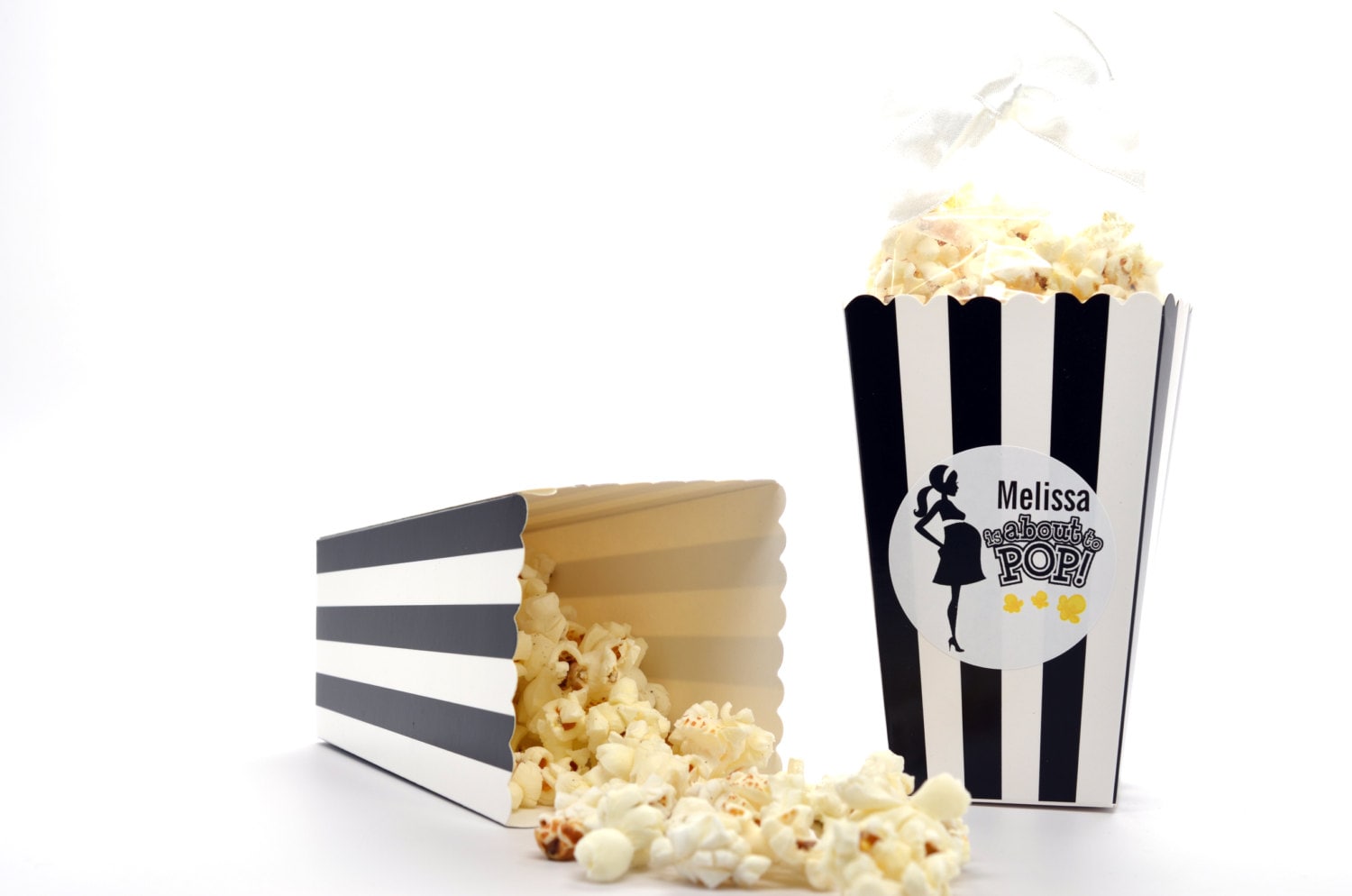 Personalized Baby Shower Popcorn Boxes - Black and White Stripes (Set of 12)