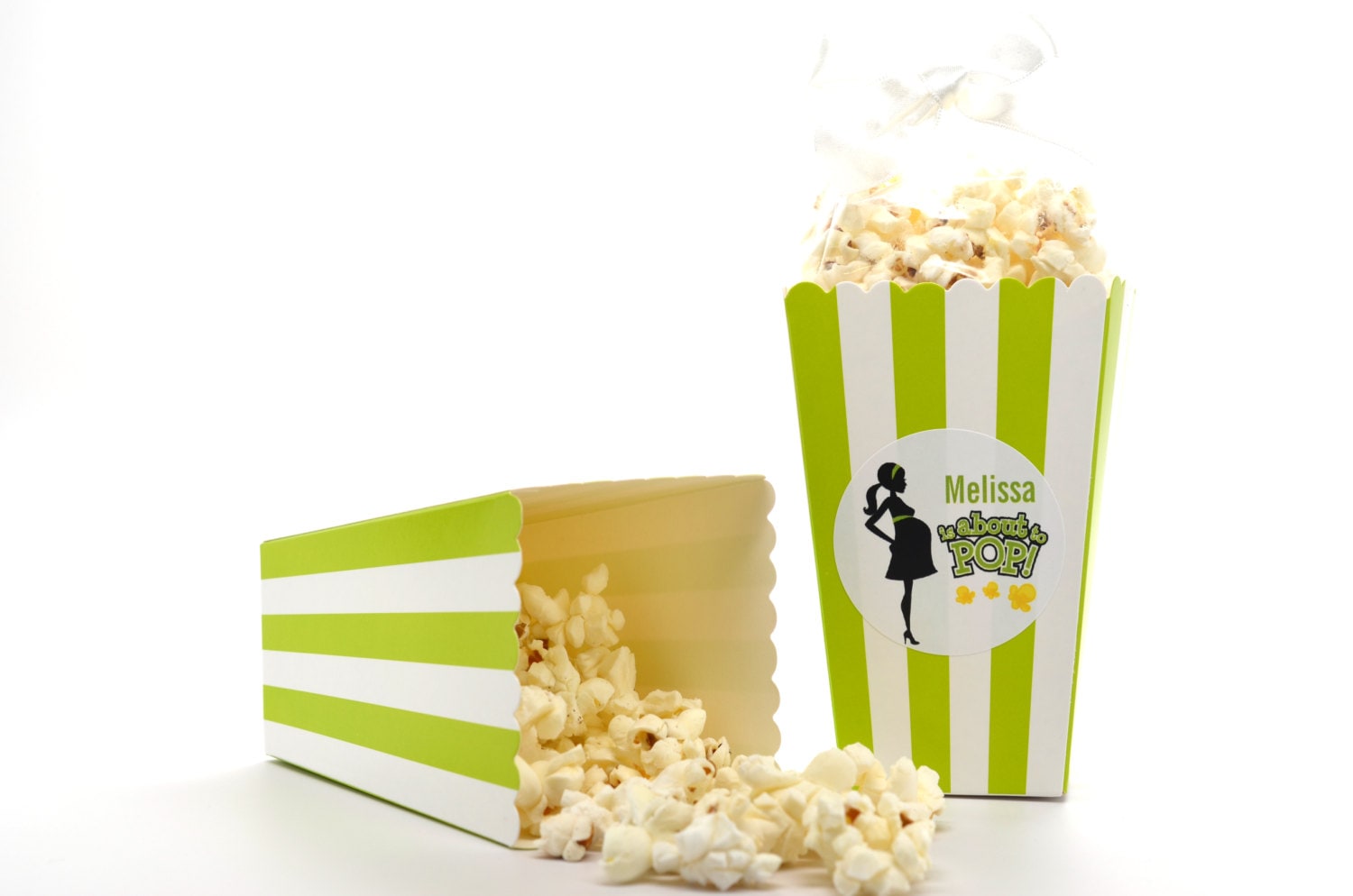 About To Pop® Mommy in Green and White Stripes - Personalized Baby Shower Popcorn Boxes, Popcorn Favors, Popcorn Bar Box (Set of 12)