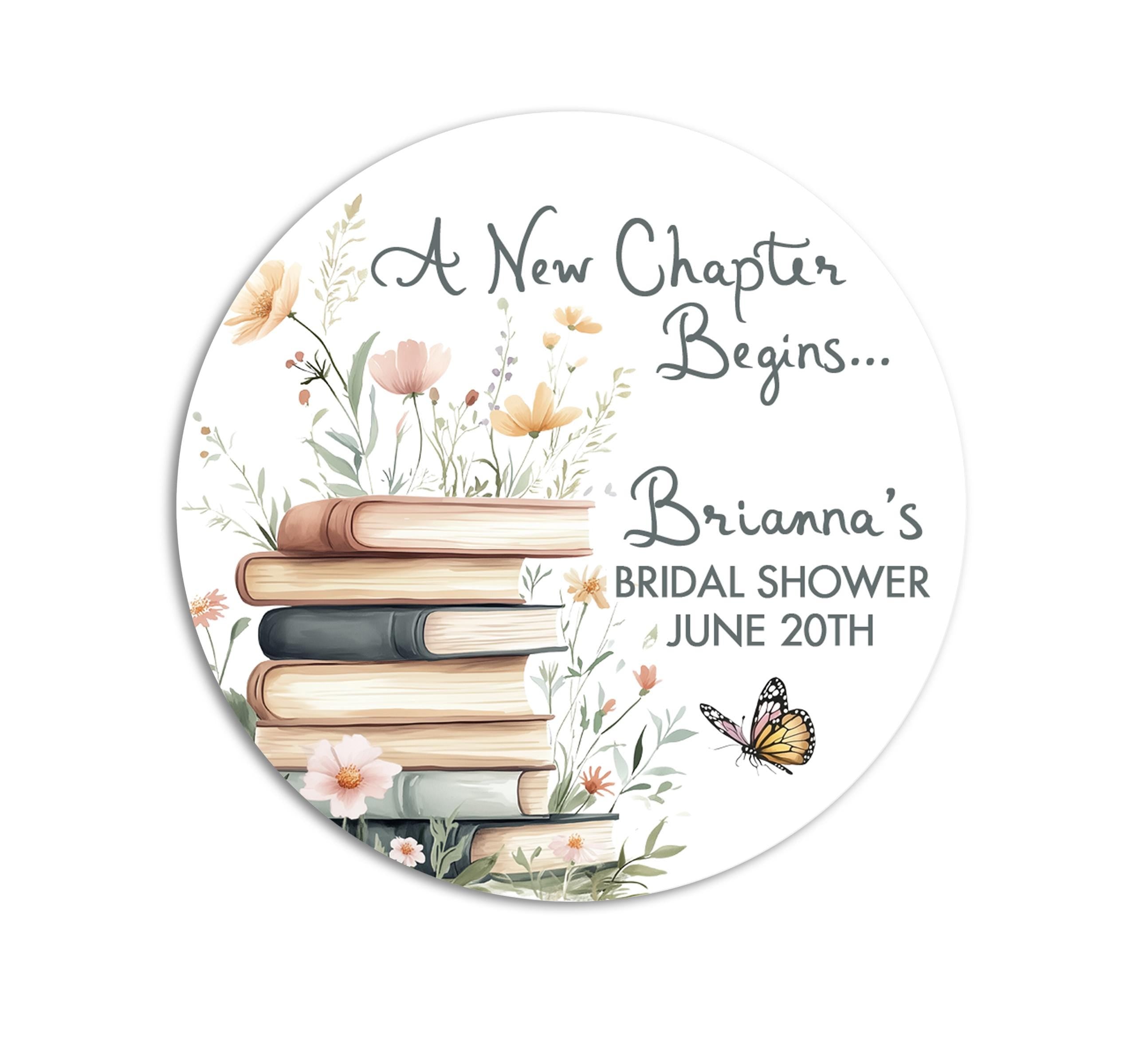 A New Chapter Begins Stickers, Book Bridal Shower Favor Labels, Engagement & Bachelorette Storybook Gift