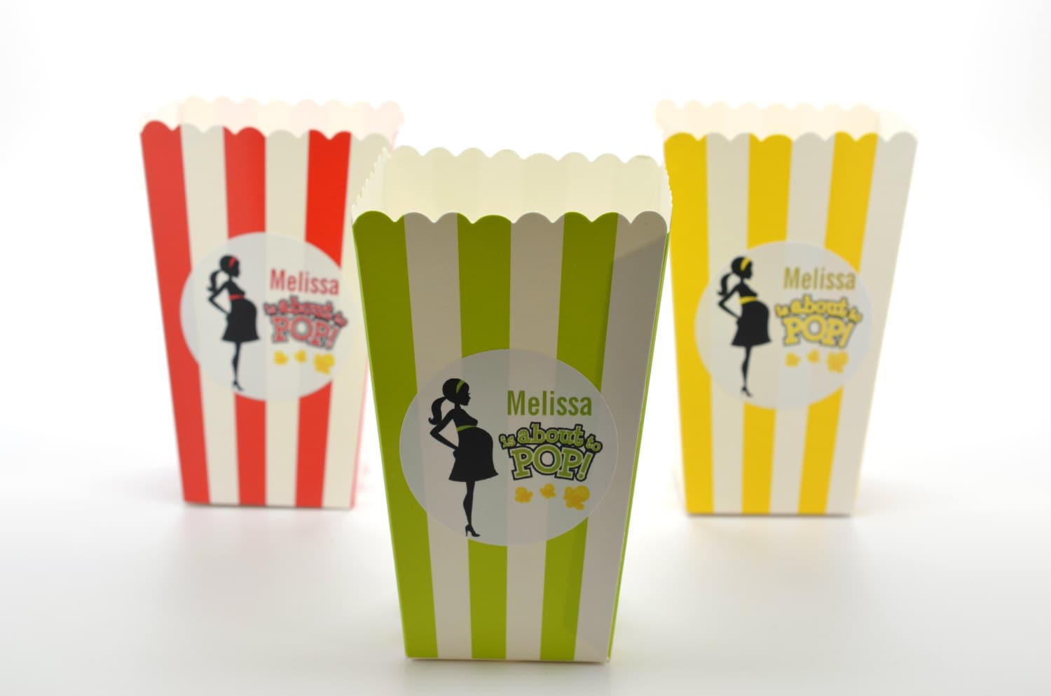 About To Pop® Mommy in Green and White Stripes - Personalized Baby Shower Popcorn Boxes, Popcorn Favors, Popcorn Bar Box (Set of 12)