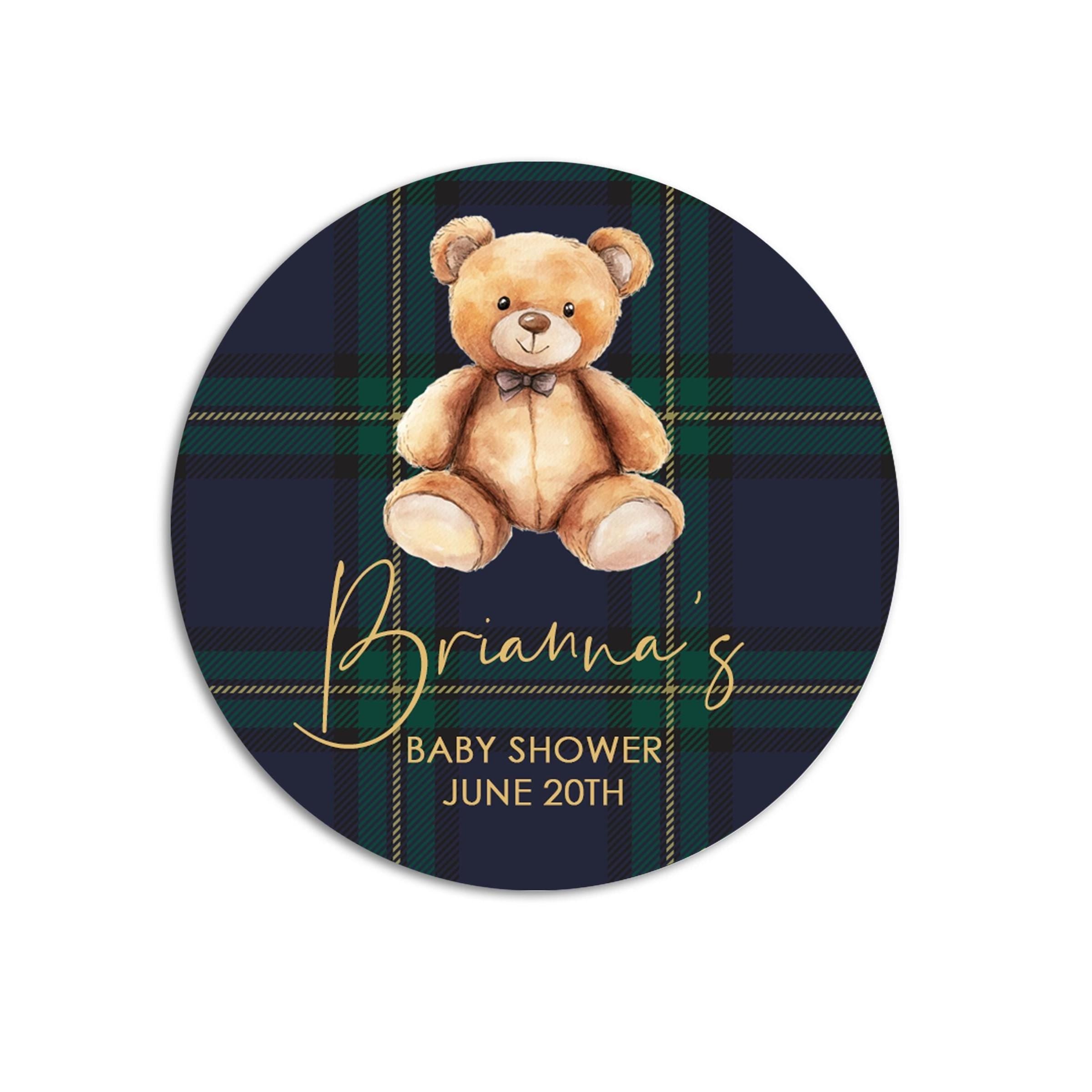 Teddy Bear Baby Shower Stickers, Blue Green Plaid Labels, Thank You Preppy Favors