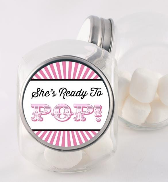 She's Ready To Pop Stickers, Pink Circus Baby Shower Labels, It's A Girl Favors