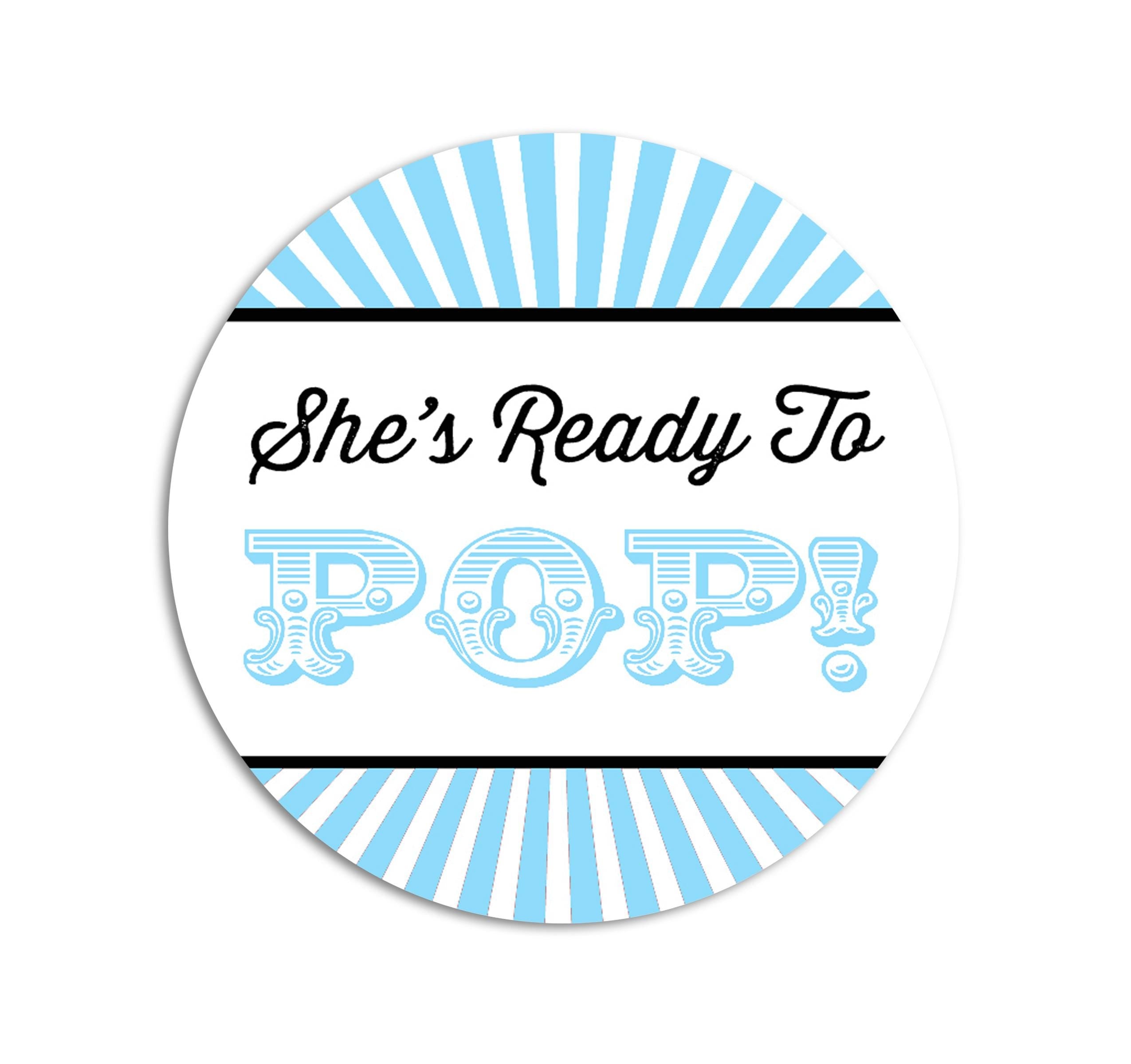 She's Ready To Pop Stickers, Blue Circus Baby Shower Labels, It's A Boy Favors