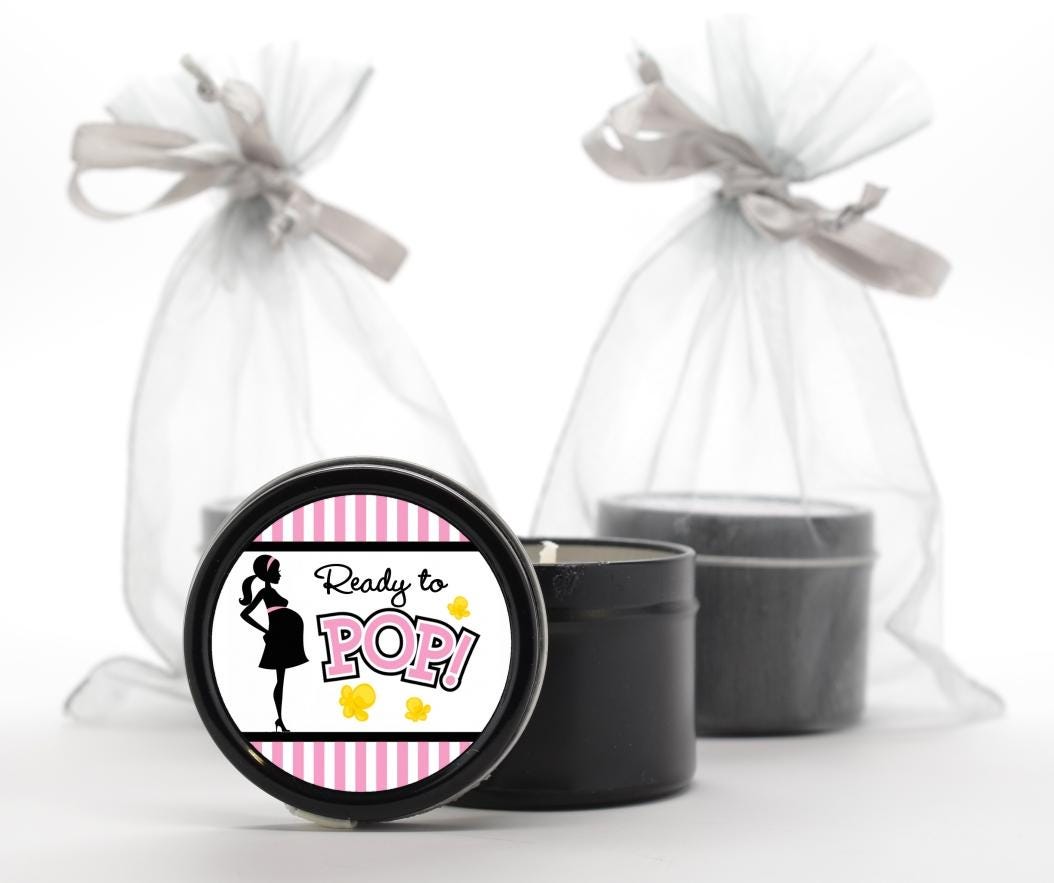 Ready To Pop Girl Baby Shower Stickers, Mommy Pink Black Baby Shower Labels