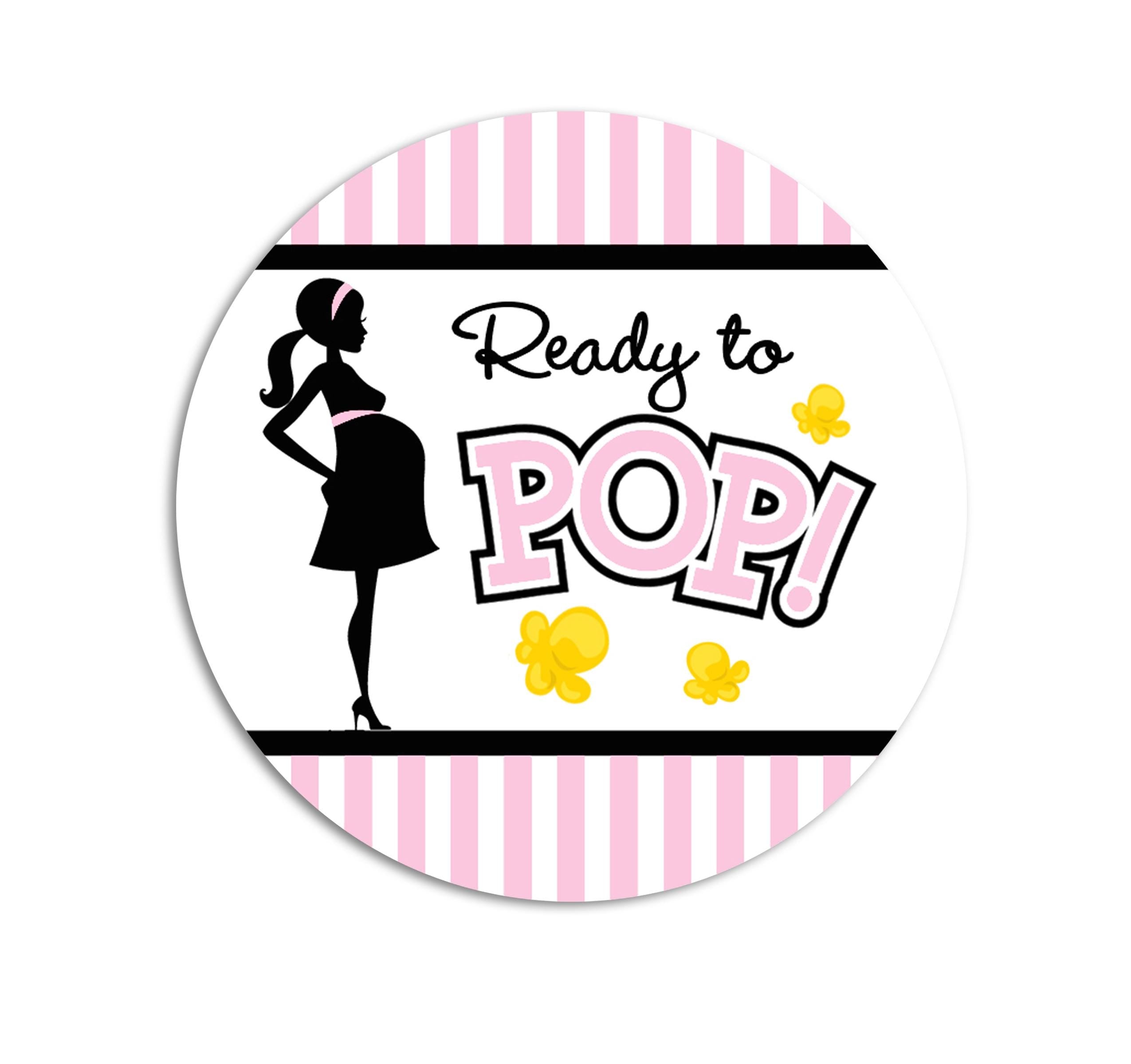 Ready To Pop Girl Baby Shower Stickers, Mommy Pink Black Baby Shower Labels