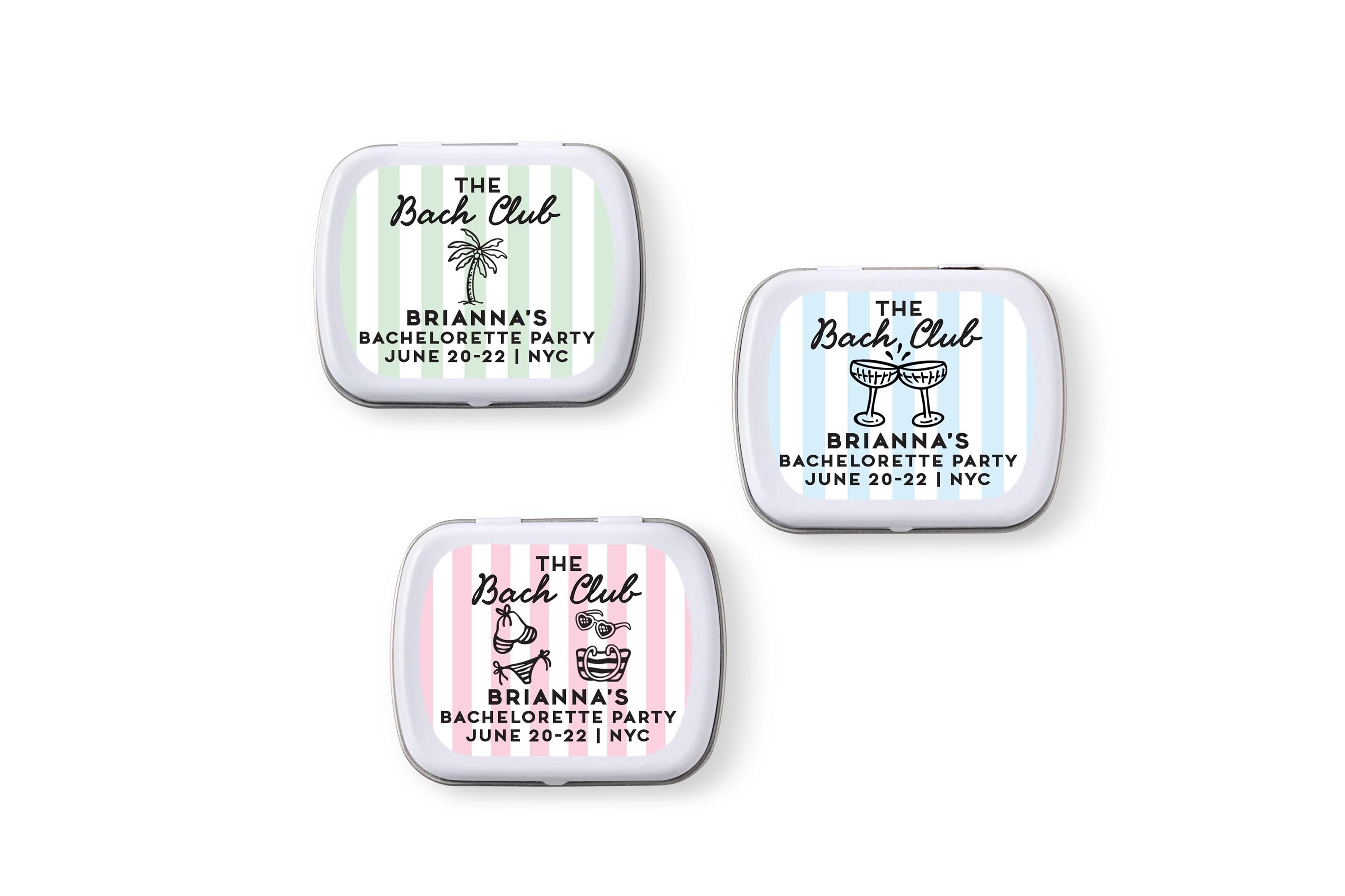 Bachelorette Club Mint Tins with stickers, Personalized Coastal Bridal Favors, Empty Favor Candy Tin