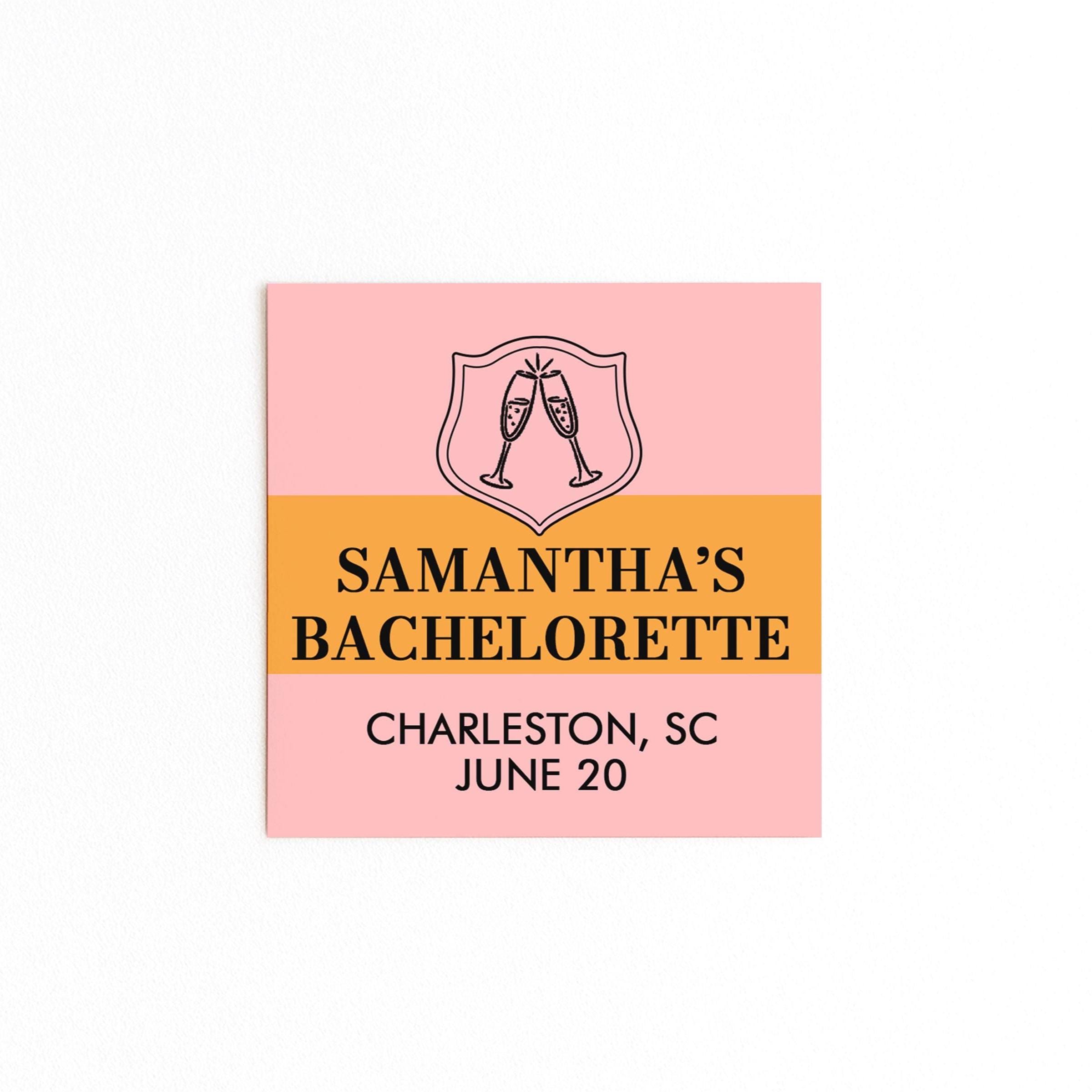 Personalized Champagne Bachelorette Party Stickers, Custom Pink Orange Mini Wine Favor Labels