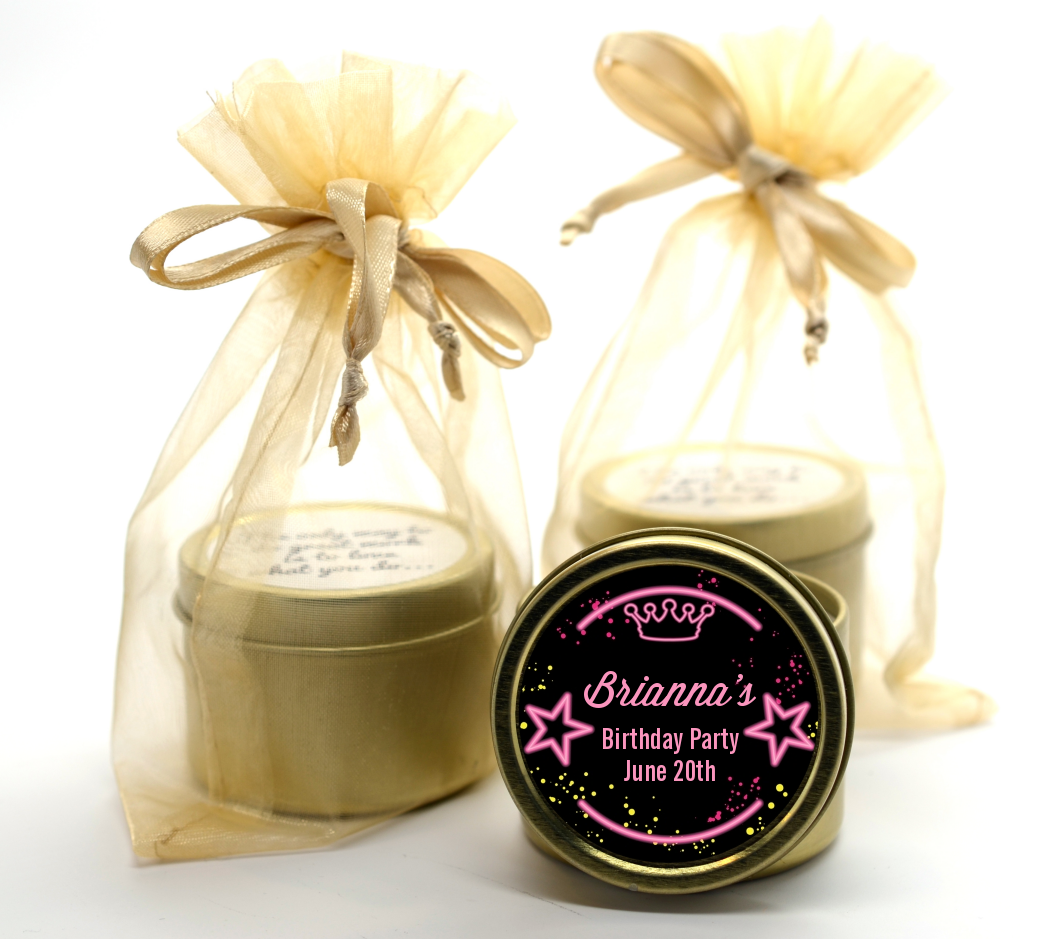 Neon Pink Glow In The Dark - Birthday Party Gold Tin Candle Favors