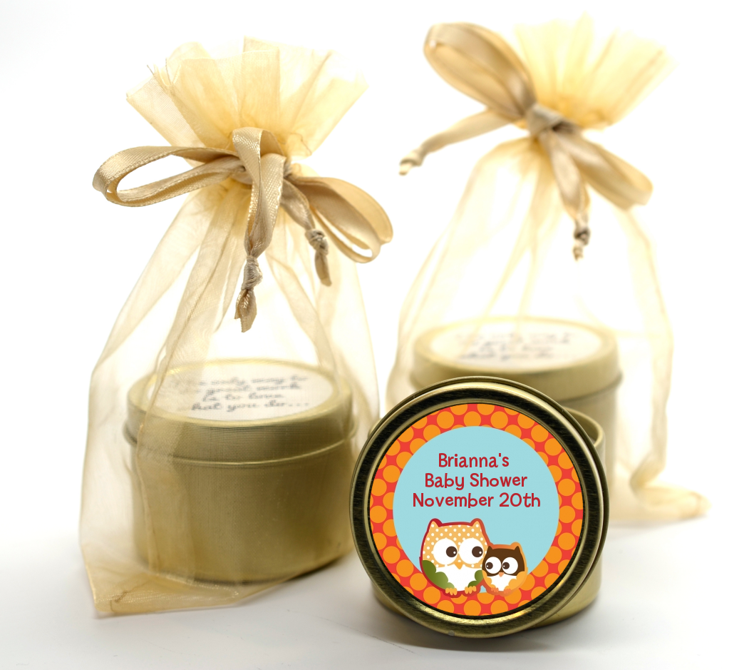 Owl - Fall Theme or Halloween - Baby Shower Gold Tin Candle Favors