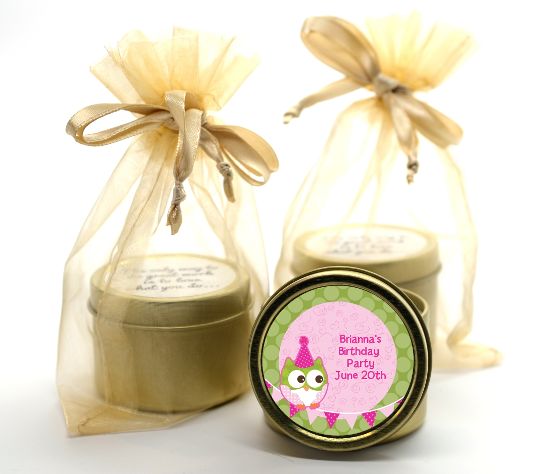 Owl Birthday Girl - Birthday Party Gold Tin Candle Favors