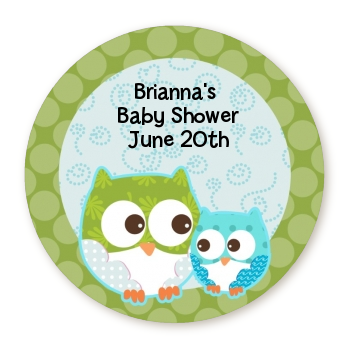 Owl - Look Whooo's Having A Boy - Round Personalized Baby Shower Sticker Labels