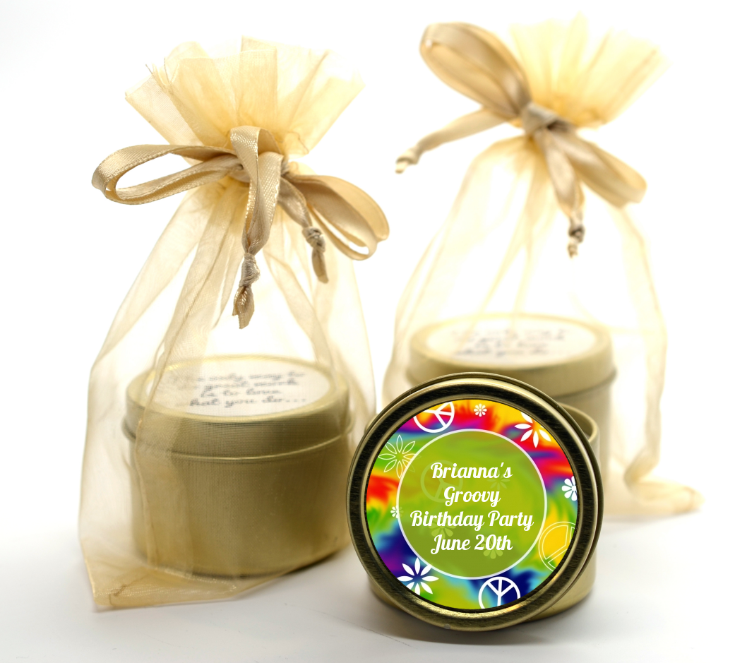 Peace Tie Dye - Birthday Party Gold Tin Candle Favors