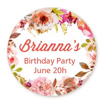 Pink Watercolor Flowers - Round Personalized Birthday Party Sticker Labels