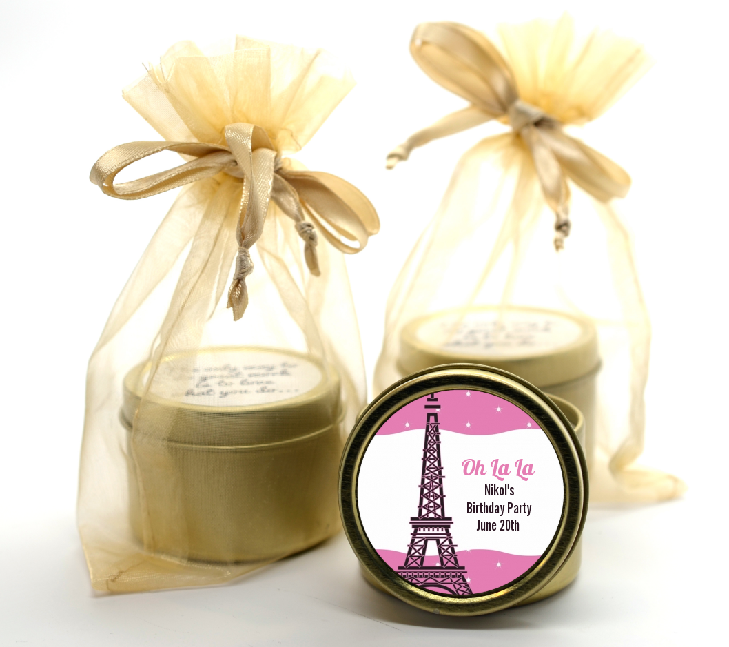 Pink Poodle in Paris - Birthday Party Gold Tin Candle Favors