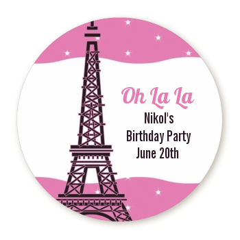 Pink Poodle in Paris - Round Personalized Birthday Party Sticker Labels