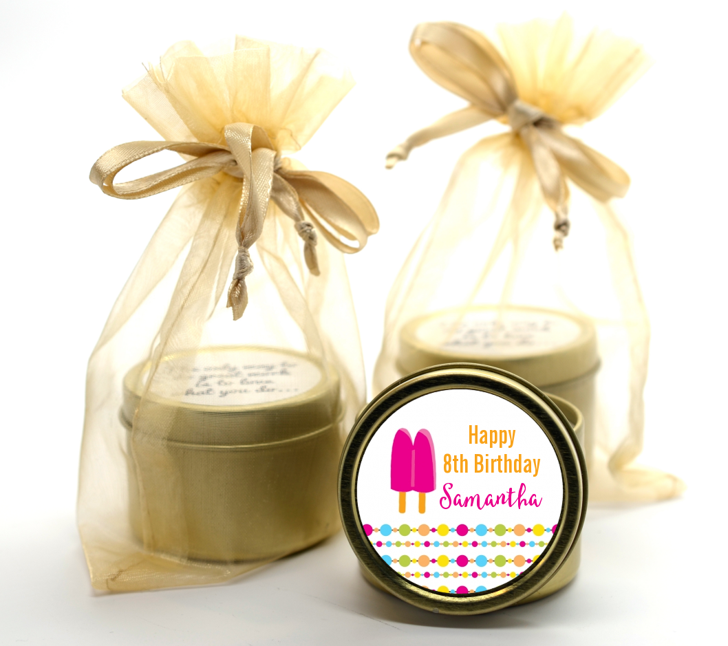 Popsicle Stick - Birthday Party Gold Tin Candle Favors