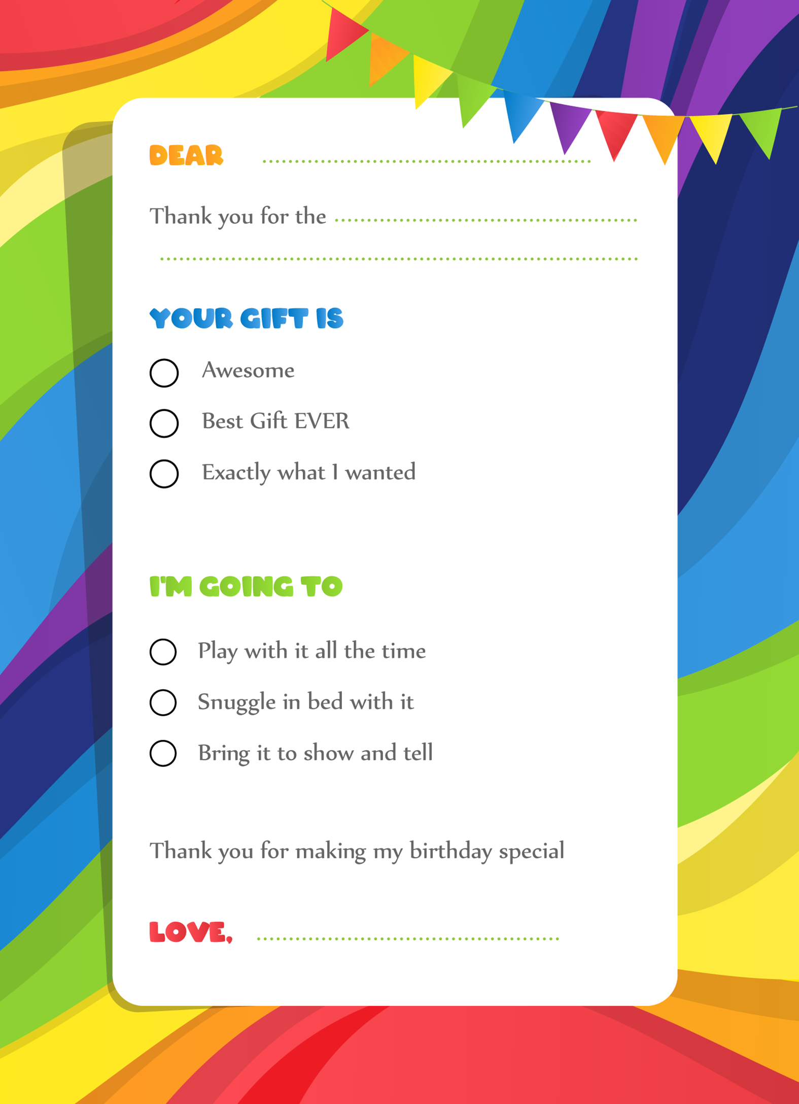 Rainbow - Birthday Party Fill In Thank You Cards