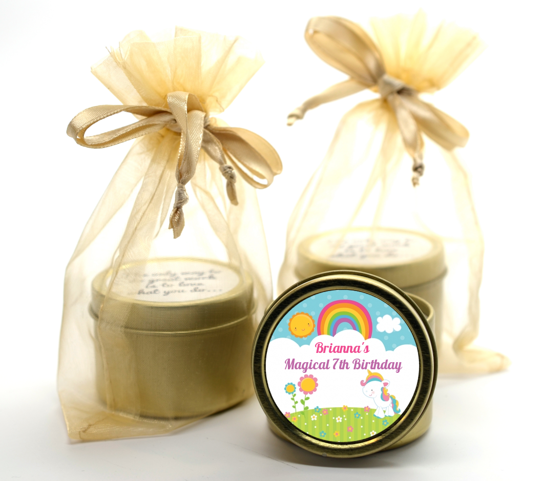 Rainbow Unicorn - Birthday Party Gold Tin Candle Favors