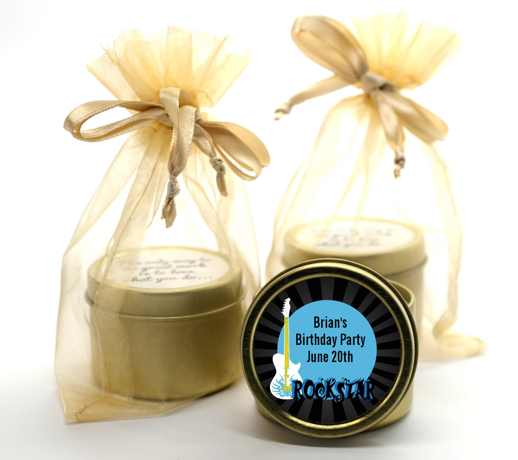 Rock Star Guitar Blue - Birthday Party Gold Tin Candle Favors