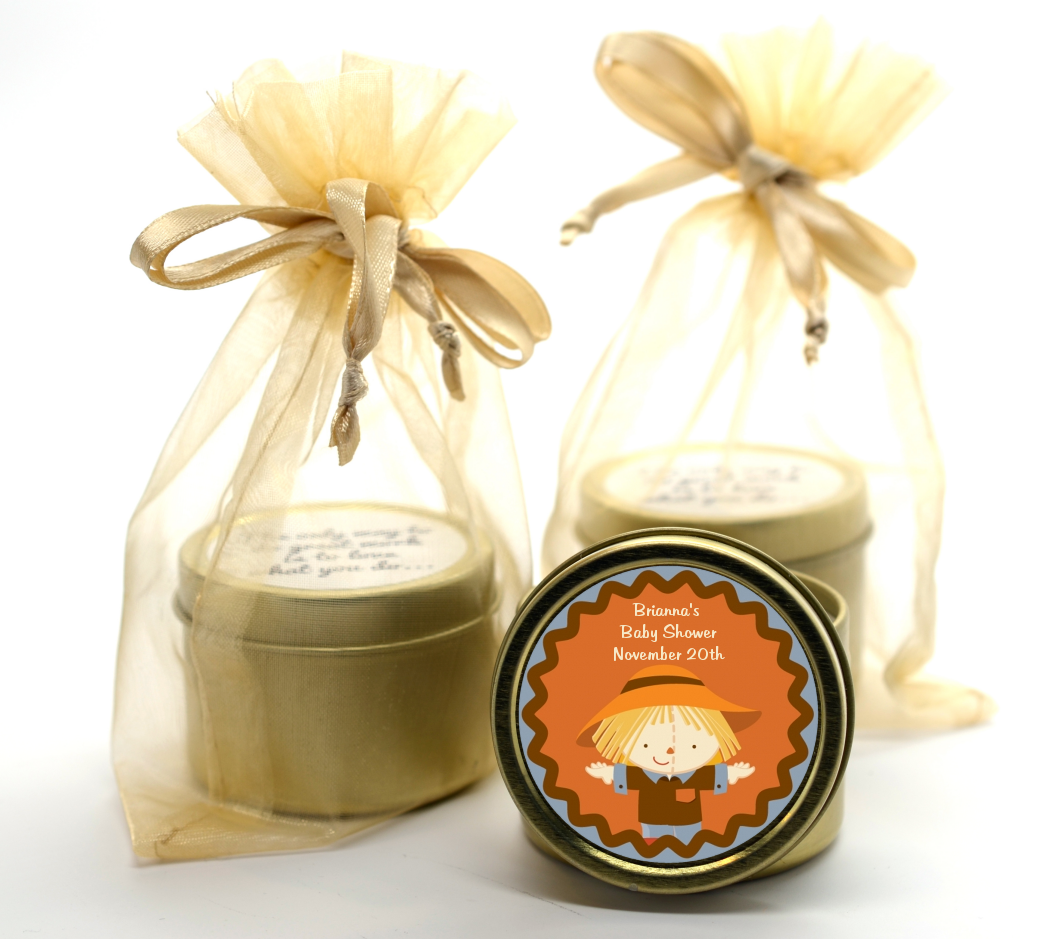 Scarecrow Fall Theme - Baby Shower Gold Tin Candle Favors