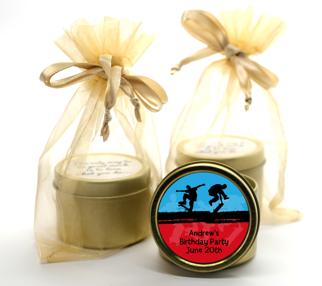 Skateboard - Birthday Party Gold Tin Candle Favors
