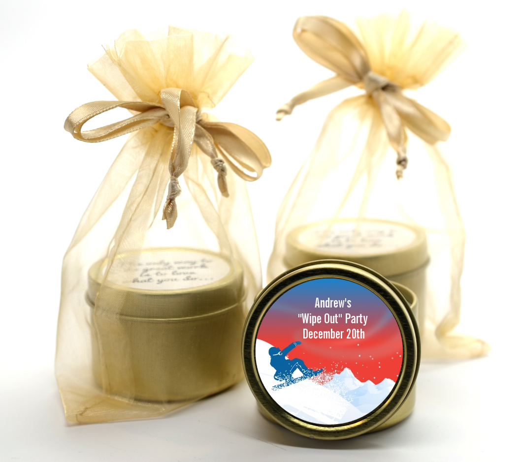 Snowboard - Birthday Party Gold Tin Candle Favors