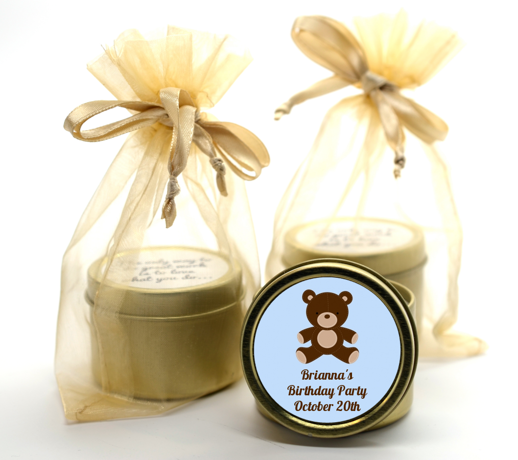 Teddy Bear - Birthday Party Gold Tin Candle Favors