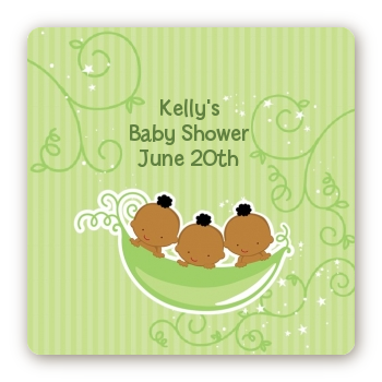 Triplets Three Peas in a Pod African American - Square Personalized Baby Shower Sticker Labels