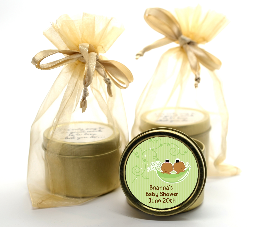 Twins Two Peas in a Pod African American - Baby Shower Gold Tin Candle Favors