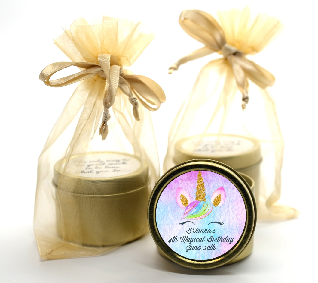 Watercolor Unicorn Head - Birthday Party Gold Tin Candle Favors