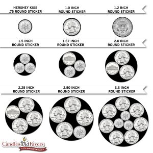 Infographic for our round sticker sizes - Candles and Favors