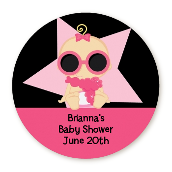 A Star Is Born!® Hollywood Black|Pink - Round Personalized Baby Shower Sticker Labels