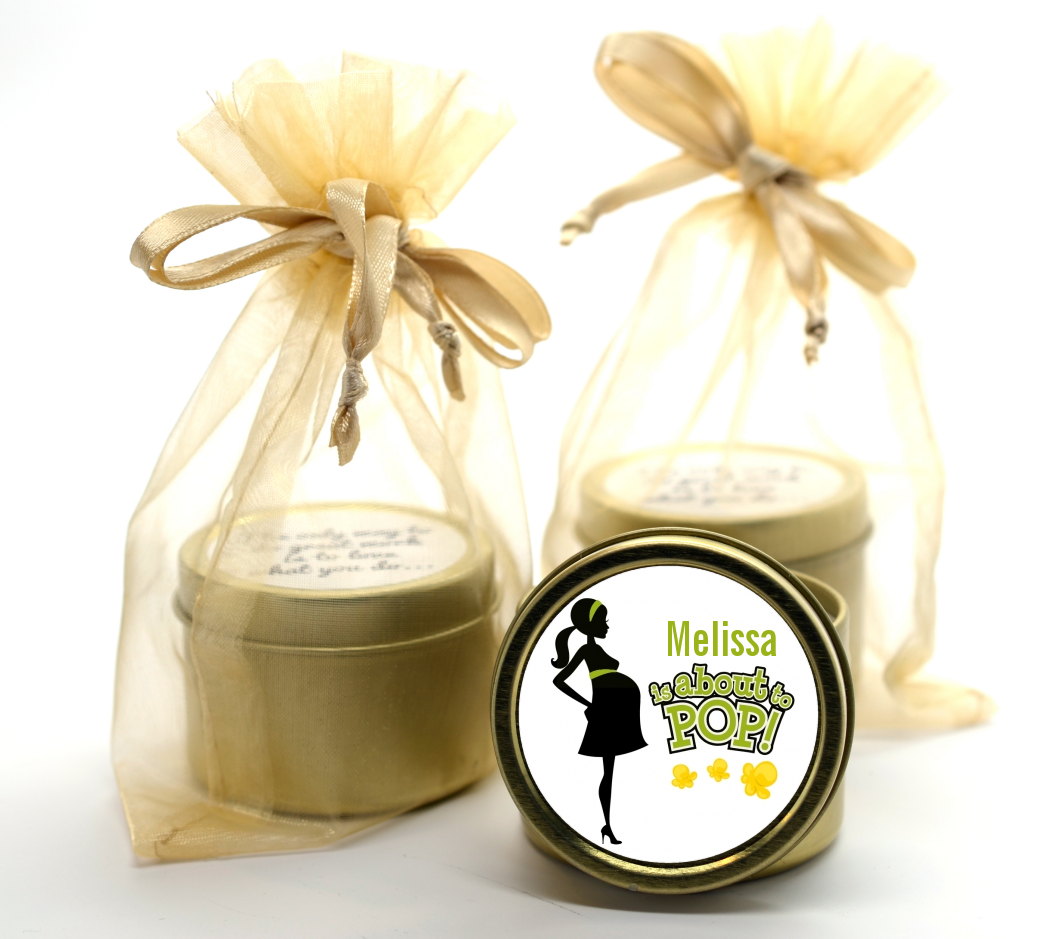 About To Pop Mommy Green - Baby Shower Gold Tin Candle Favors