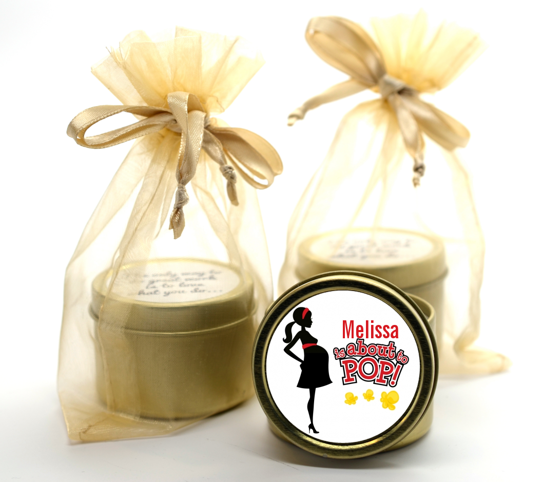 About To Pop Mommy Red - Baby Shower Gold Tin Candle Favors