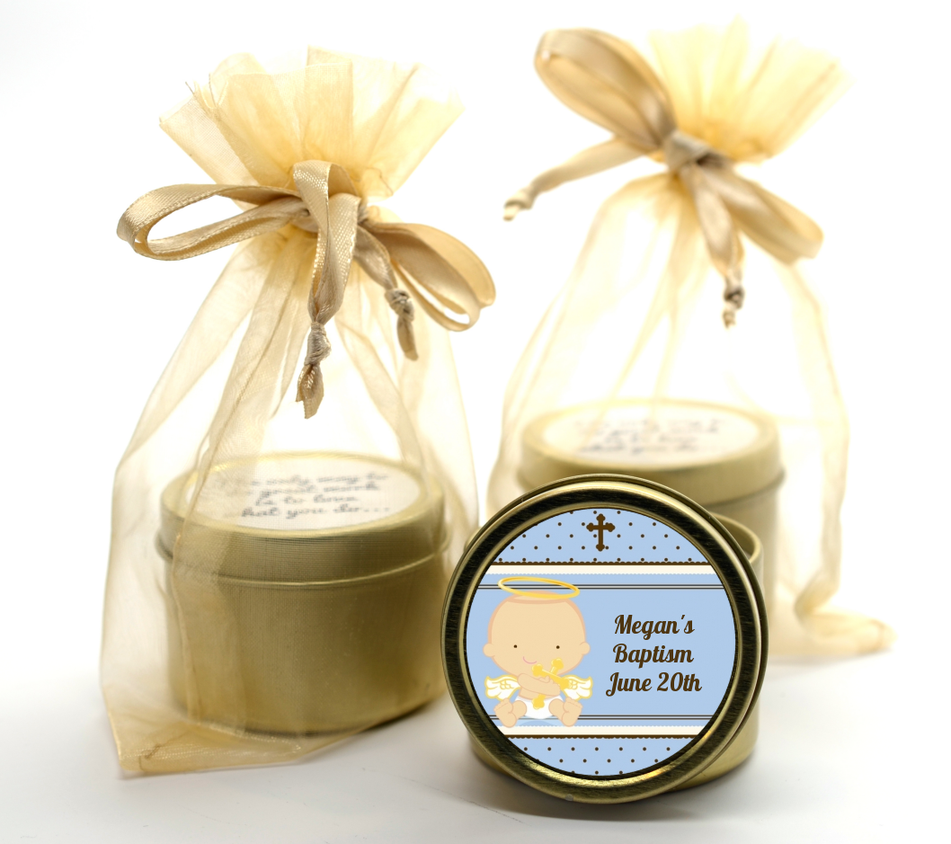 Angel Baby Boy Caucasian - Baptism / Christening Gold Tin Candle Favors