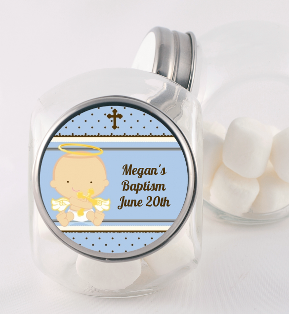 Angel Baby Boy Caucasian - Personalized Baptism / Christening Candy Jar